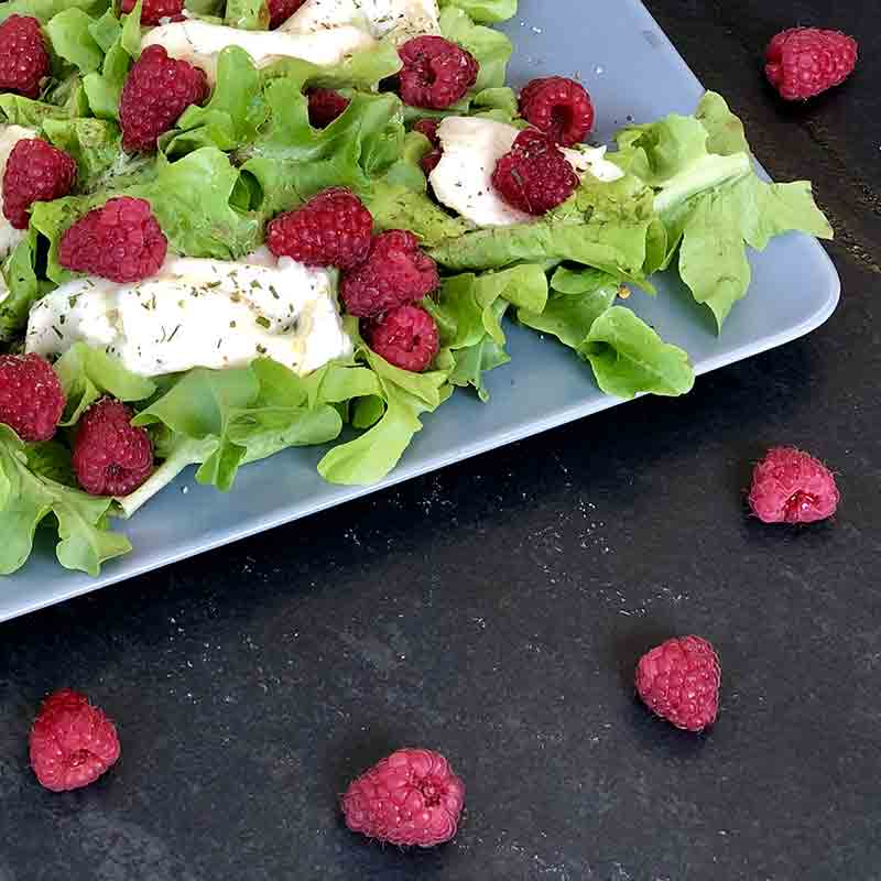 Rezept - Lauwarmer Ziegenkäse auf Himbeeren und Blattsalat. große Ansicht
